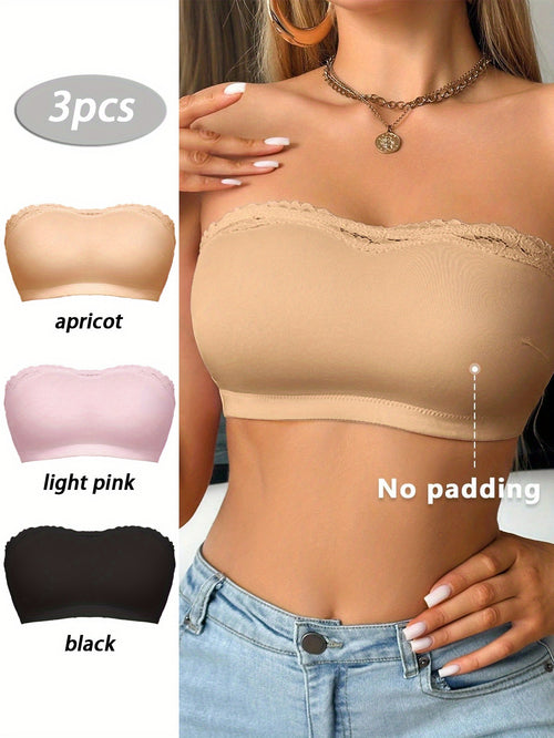 3pcs Women'S Wire-free Strapless Seamless Bralette Multi-Color Combo Lace Edges Soft Comfort Fit For Bodysuits Casual Wear