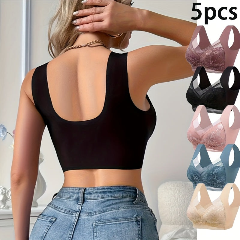 5pcs Women'S Seamless Sports Bras - Wireless, Lace-Trimmed, Breathable Nylon Blend, Non-Padded, Elegant Design for Active Lifestyle, Assorted Colors (Black, White, Blue, Beige, Brown)