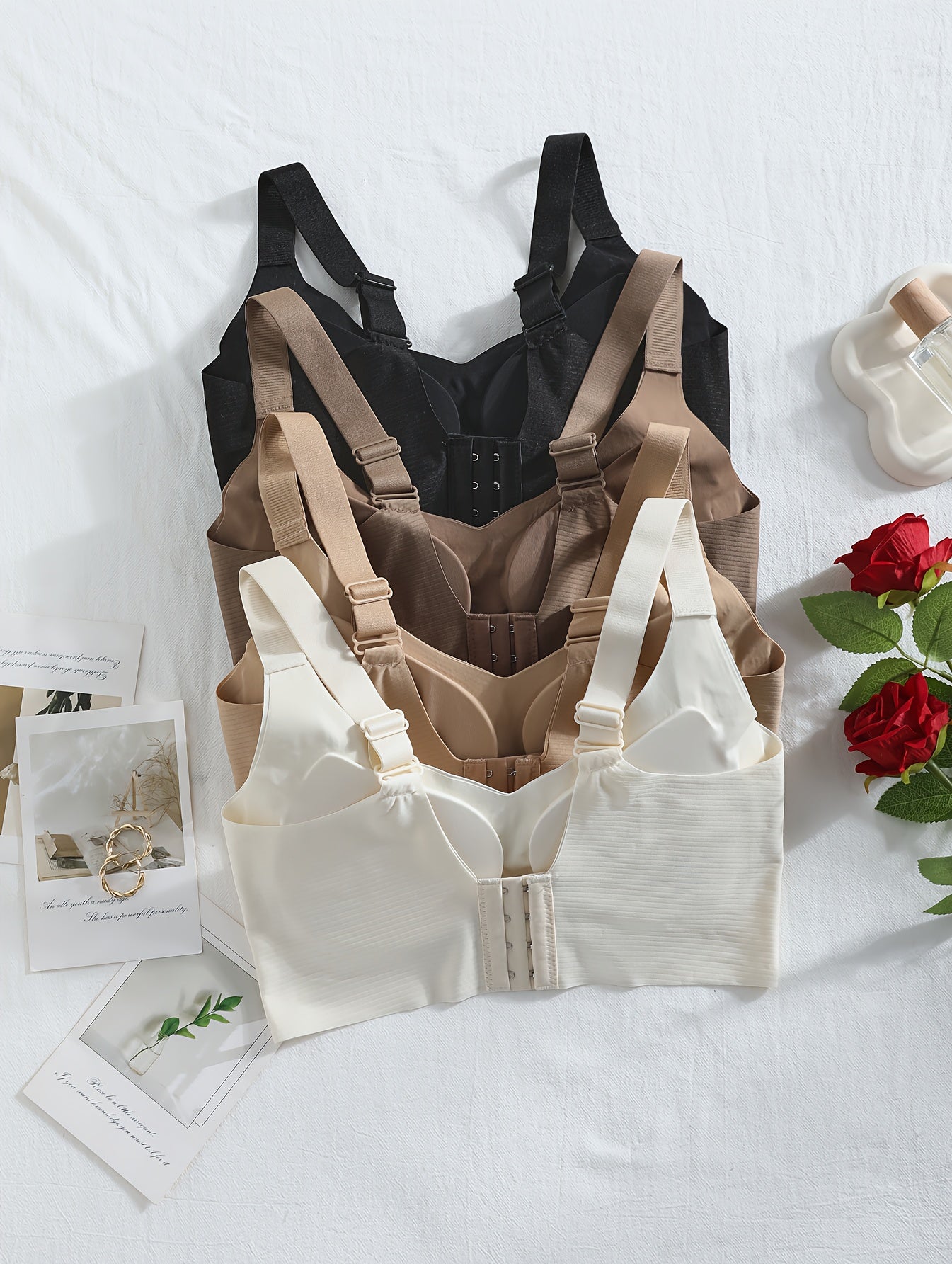 4pcs Women's Wire-Free Soft Bralettes - Medium Support Wide Strap Strapless Bras with Non-Removable Padding, Elegant Solid Colors (Black/Brown/White/Beige), Everyday Comfort & Light Beige-Friendly Fabric, Machine Washable - No Underwire for Sensitive