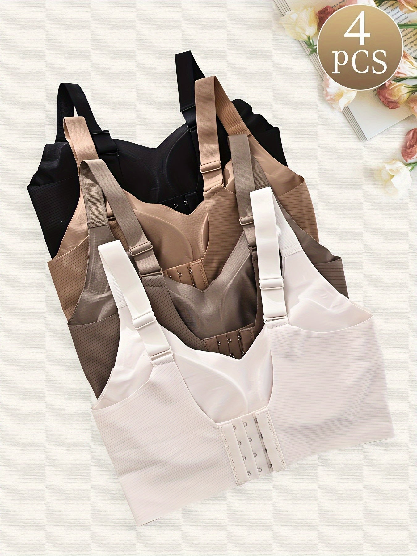 [Comfortable Bra] 4pcs Comfortable Seamless Women's Bra | Elegant Blend of Nylon and Spandex, Wide Shoulder Straps, Soft Support, No Underwire - Available in Beige, White, Black, Casual Bras