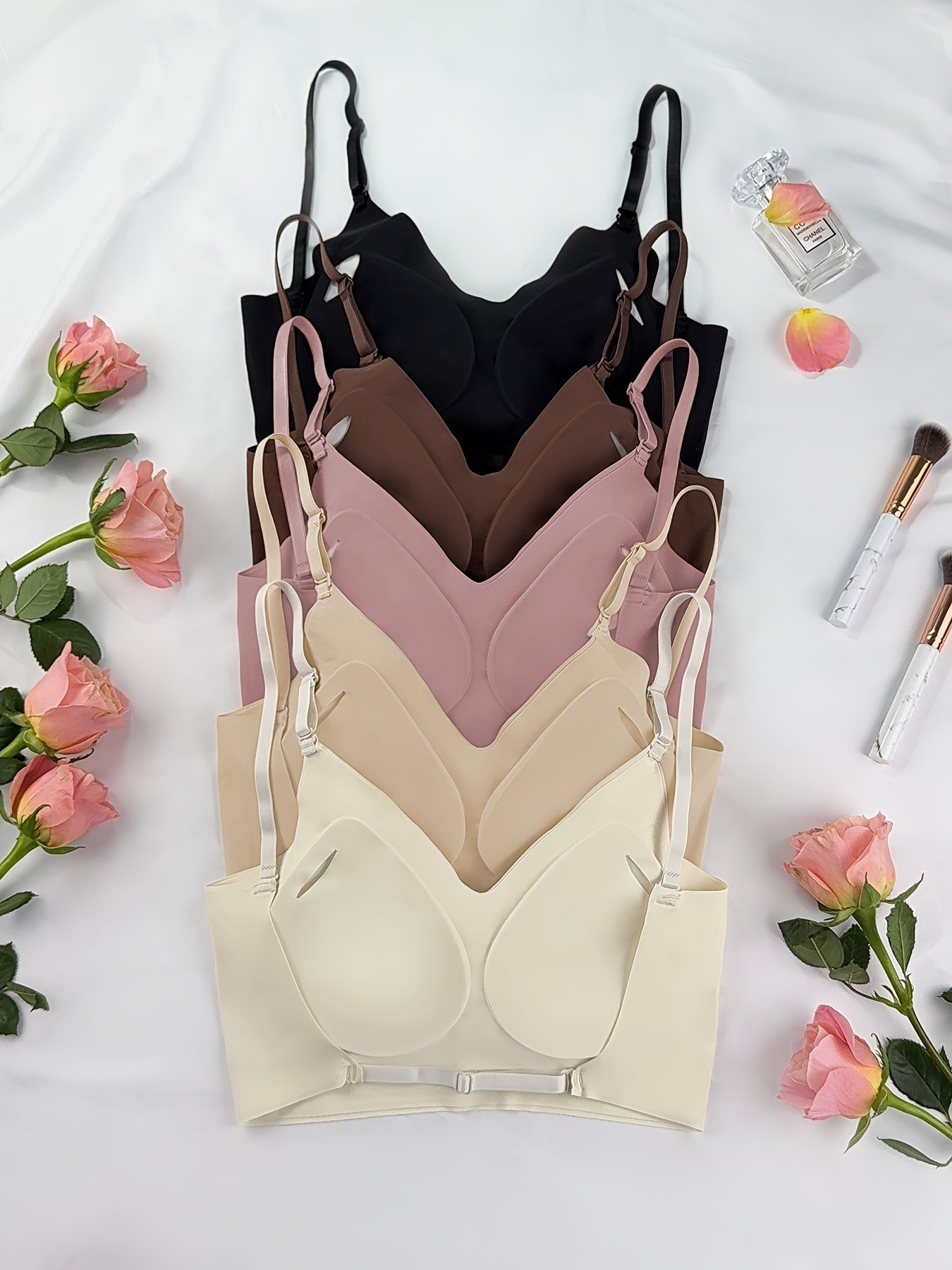 5pcs Women's Summer Seamless Open-Back T-Shirt Bras - Wire-Free, Removable Padding, Breathable Nylon/Spandex Blend - No Padding Design for Lightweight Comfort, 5 Colors (Black/Brown/Peach/Apricot/Champagne) - Gym & Casual Wear