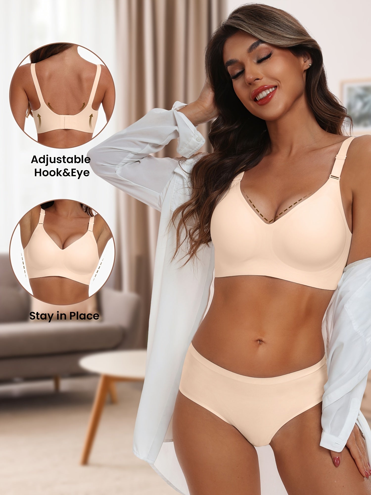 Wirefree Seamless Comfort Bra -V Neck, Semi-Padded, Adjustable Straps, Everyday T-Shirt Bra for Women