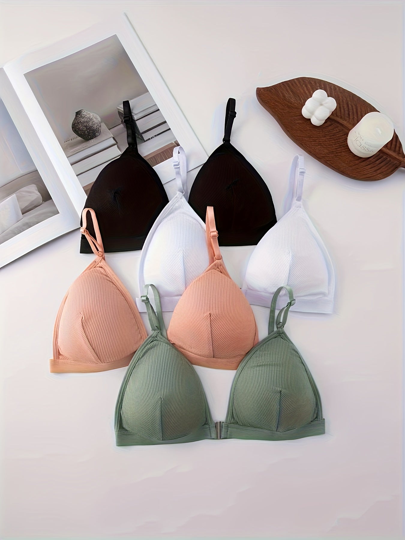 [Comfortable Wireless Bras] 4pcs Women's Wireless Bras - Comfortable & Breathable, Wire-Free with Removable Pads, Everyday Basic Style - Black/Pink/White/Light Green, Suitable for Teens and Adults, Minimalist Design, Seamless Material, Lightweight &