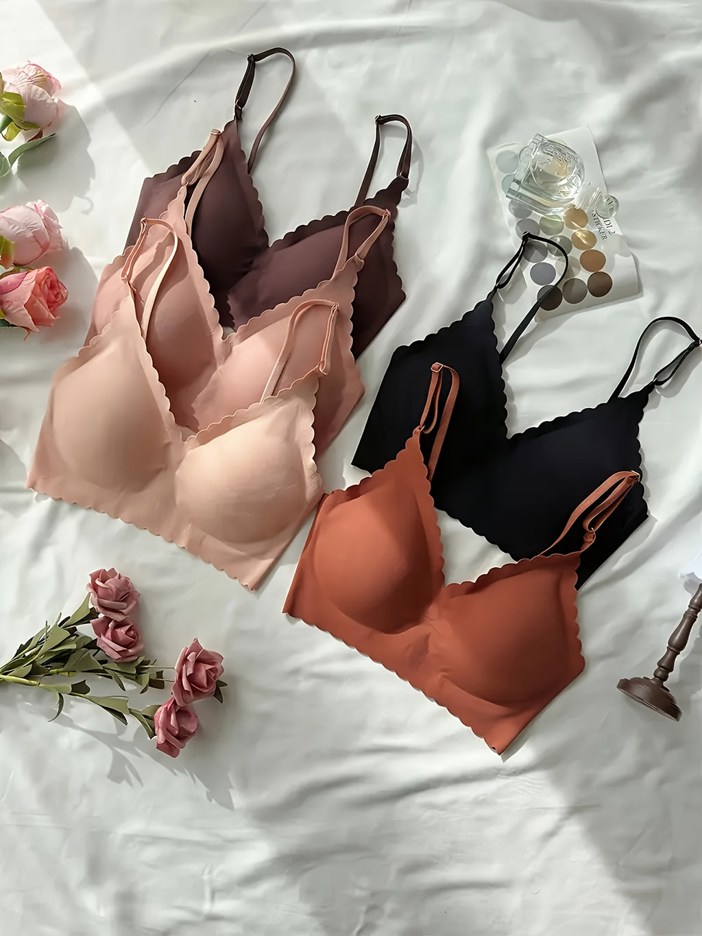 5pcs Women's Wireless Bras - No Underwire, Seamless Adhesive Bras with Removable Padding, Soft Pink/Beige/Black/, Everyday & Formal Bras for Women - Hand Wash Only, Casual Wear, Smooth Texture, Flexible Material, Pushup Bra, Fashion Essentials