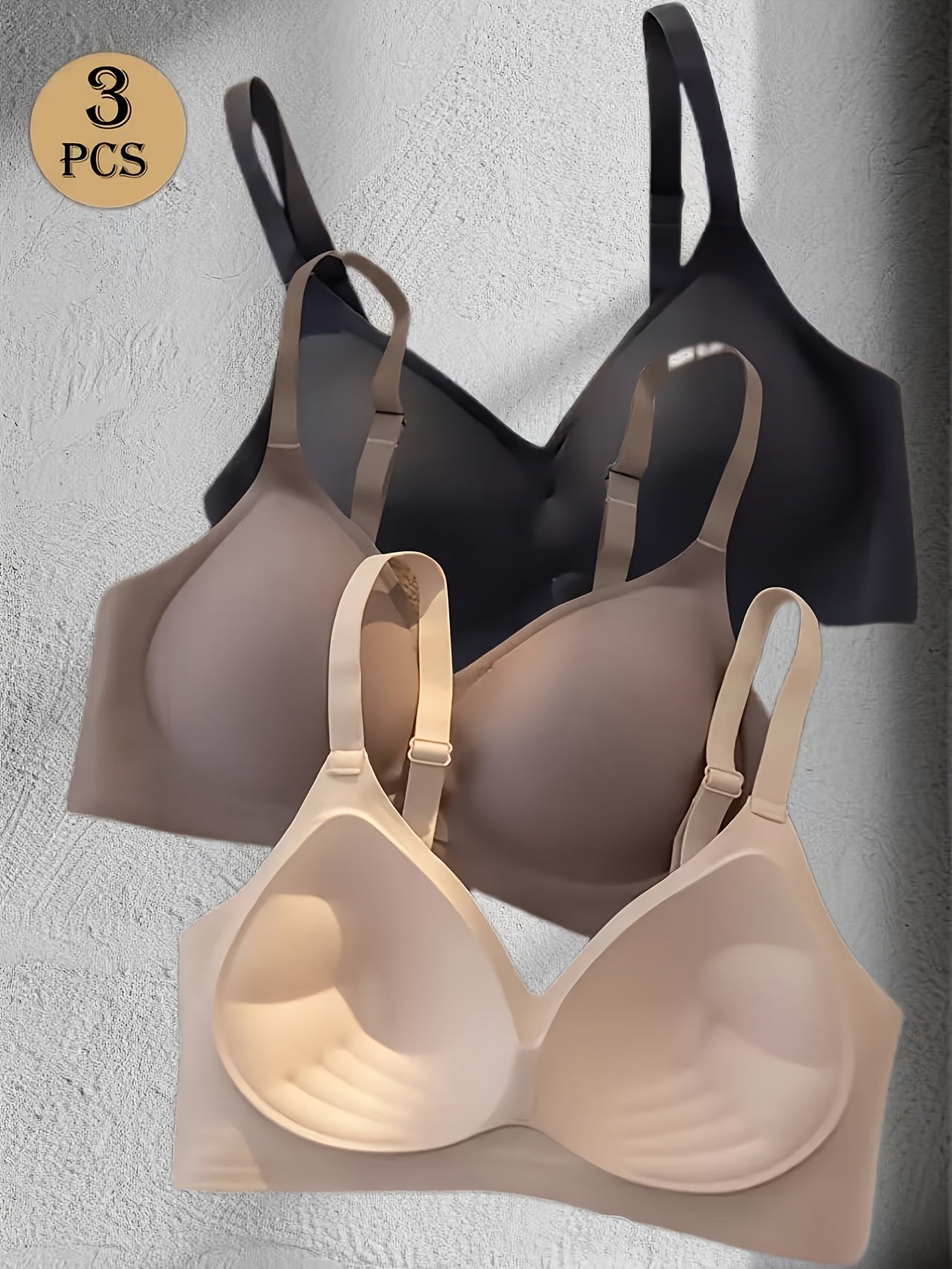 [Wireless Push-Up Bras] 3pcs Women's Wireless Push-Up Bras Set - Seamless T-Shirt Style, Soft Nylon/Spandex Blend, Palm Support, Medium Lift, Non-Removable Pads, Thin Comfort Straps, Black & Beige, Ideal for Daily Wear & Special Occasions