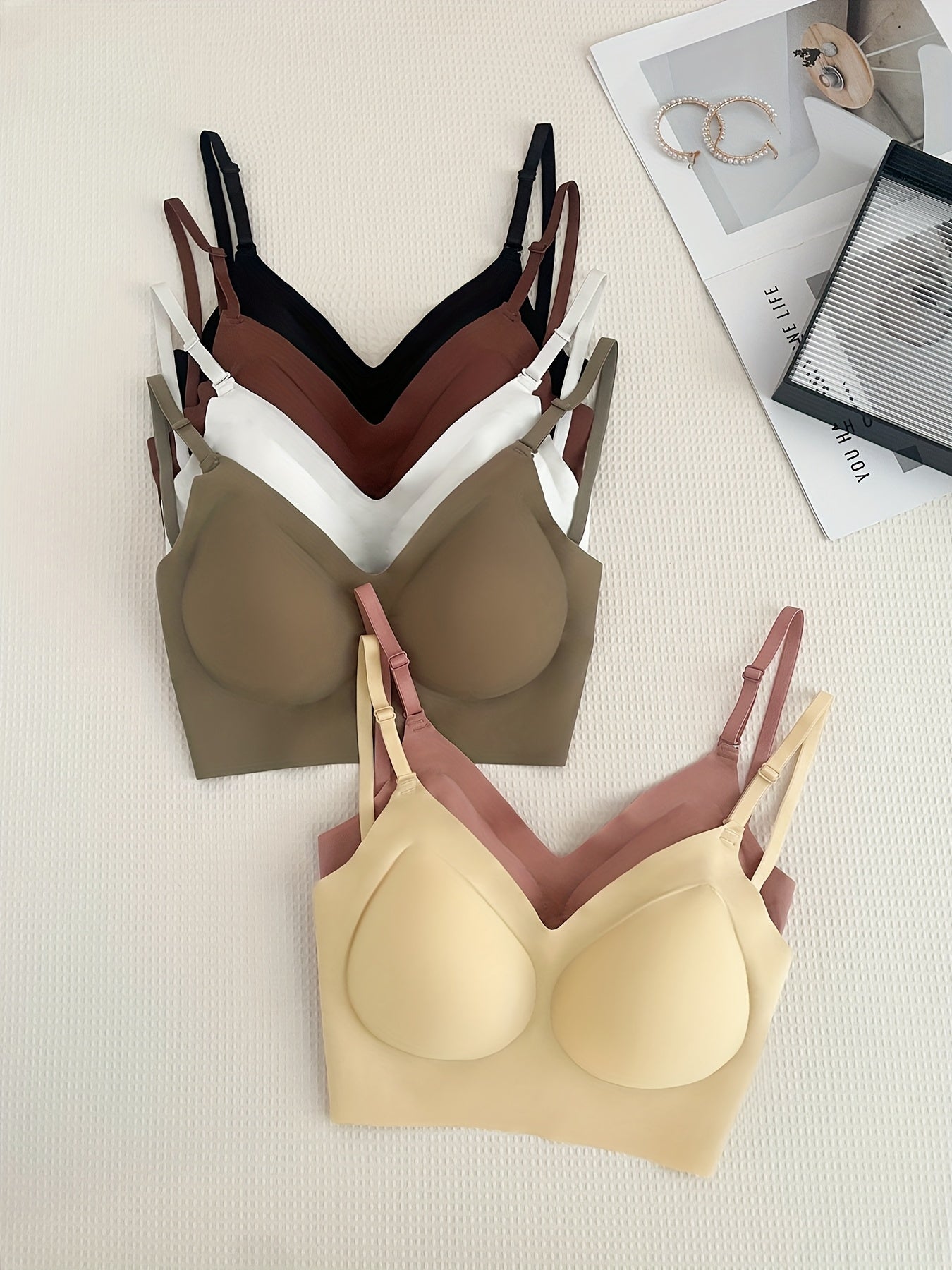 6pcs Women'S Seamless Wireless Bras - Comfortable, Thin Design, Full Coverage, Anti-Sagging & Lift, Nylon Fabric, Smooth Silhouette, High Support, Elegant Neckline Style