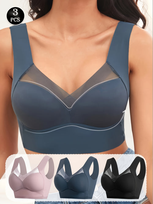 3pcs Women'S Seamless Wireless Bras - Breathable Full Coverage Mesh Panel Design, Cross Wrap Thin Lift & Side Breast Coverage, Soft Pink/Beige/Light Blue, Non-Removable Padded Cups for Yoga, Running, Gym & Everyday Comfort, Yoga Accessories, Elegant