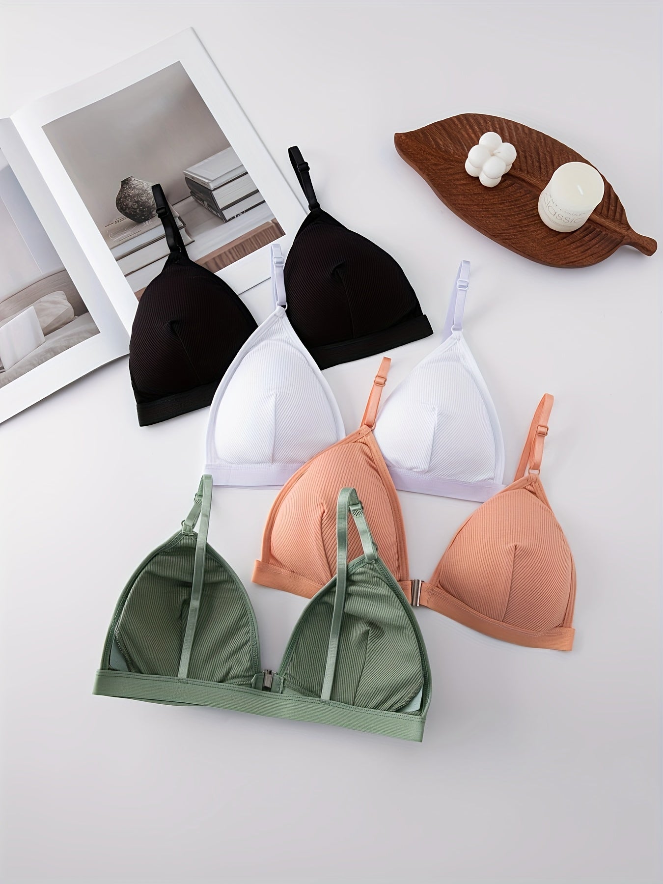 [Comfortable Wireless Bras] 4pcs Women's Wireless Bras - Comfortable & Breathable, Wire-Free with Removable Pads, Everyday Basic Style - Black/Pink/White/Light Green, Suitable for Teens and Adults, Minimalist Design, Seamless Material, Lightweight &
