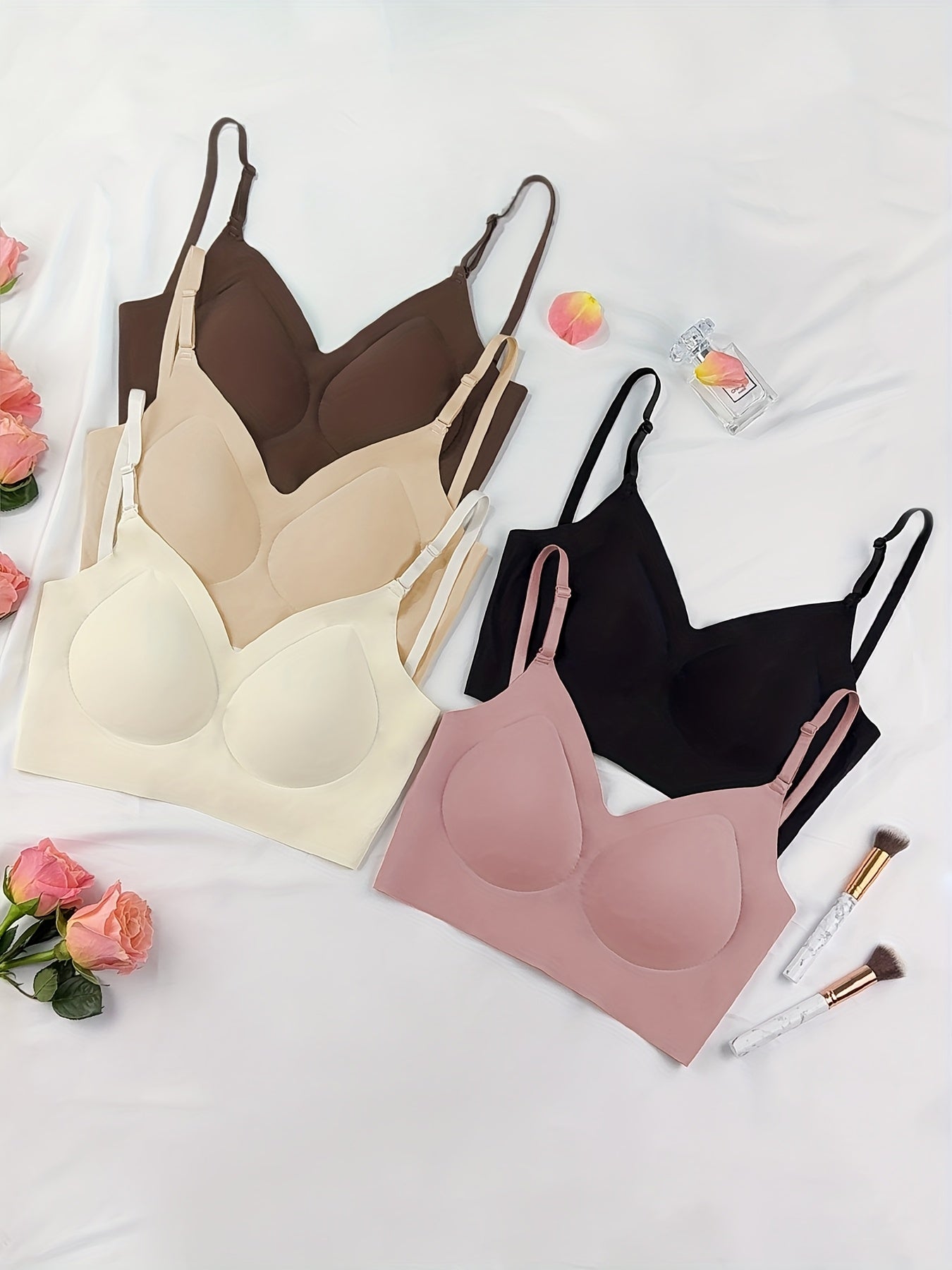 5pcs Women's Summer Seamless Open-Back T-Shirt Bras - Wire-Free, Removable Padding, Breathable Nylon/Spandex Blend - No Padding Design for Lightweight Comfort, 5 Colors (Black/Brown/Peach/Apricot/Champagne) - Gym & Casual Wear