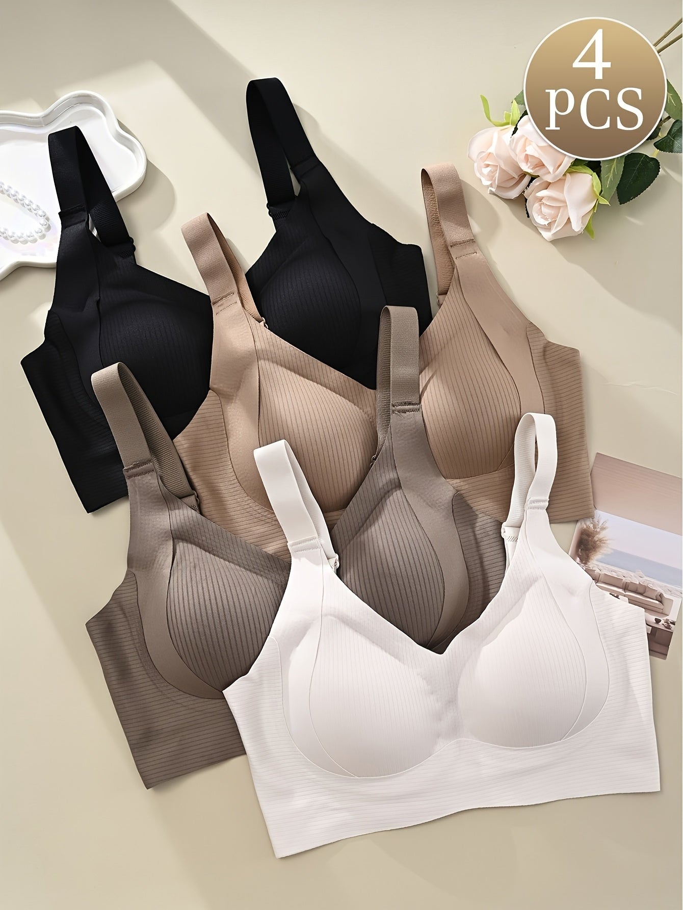 [Comfortable Bra] 4pcs Comfortable Seamless Women's Bra | Elegant Blend of Nylon and Spandex, Wide Shoulder Straps, Soft Support, No Underwire - Available in Beige, White, Black, Casual Bras