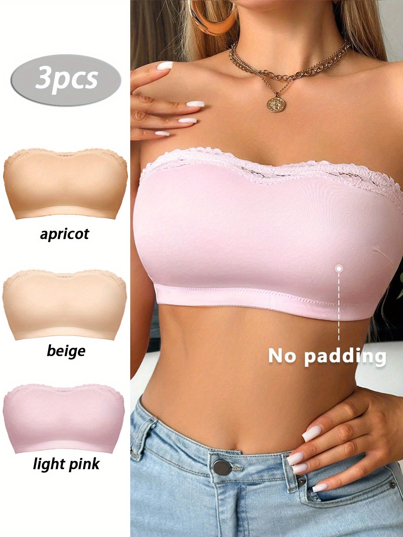 3pcs Women'S Wire-free Strapless Seamless Bralette Multi-Color Combo Lace Edges Soft Comfort Fit For Bodysuits Casual Wear