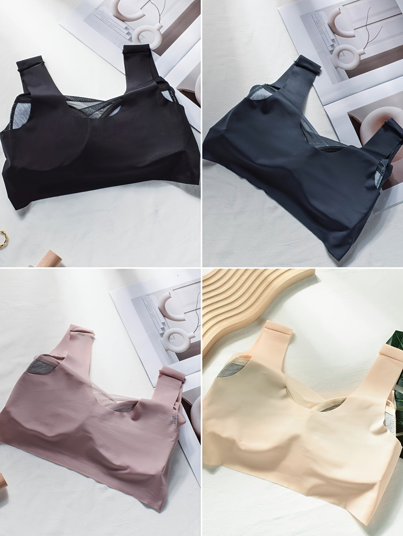 4pcs Seamless Wireless Bras for Women - Breathable Mesh, No Underwire, Full Coverage, Elegant Solid Colors (Black, Beige, Pink, Light Blue/Turquoise), Comfortable Everyday Wear | Simple Design Nylon-Elastic Fiber Blend