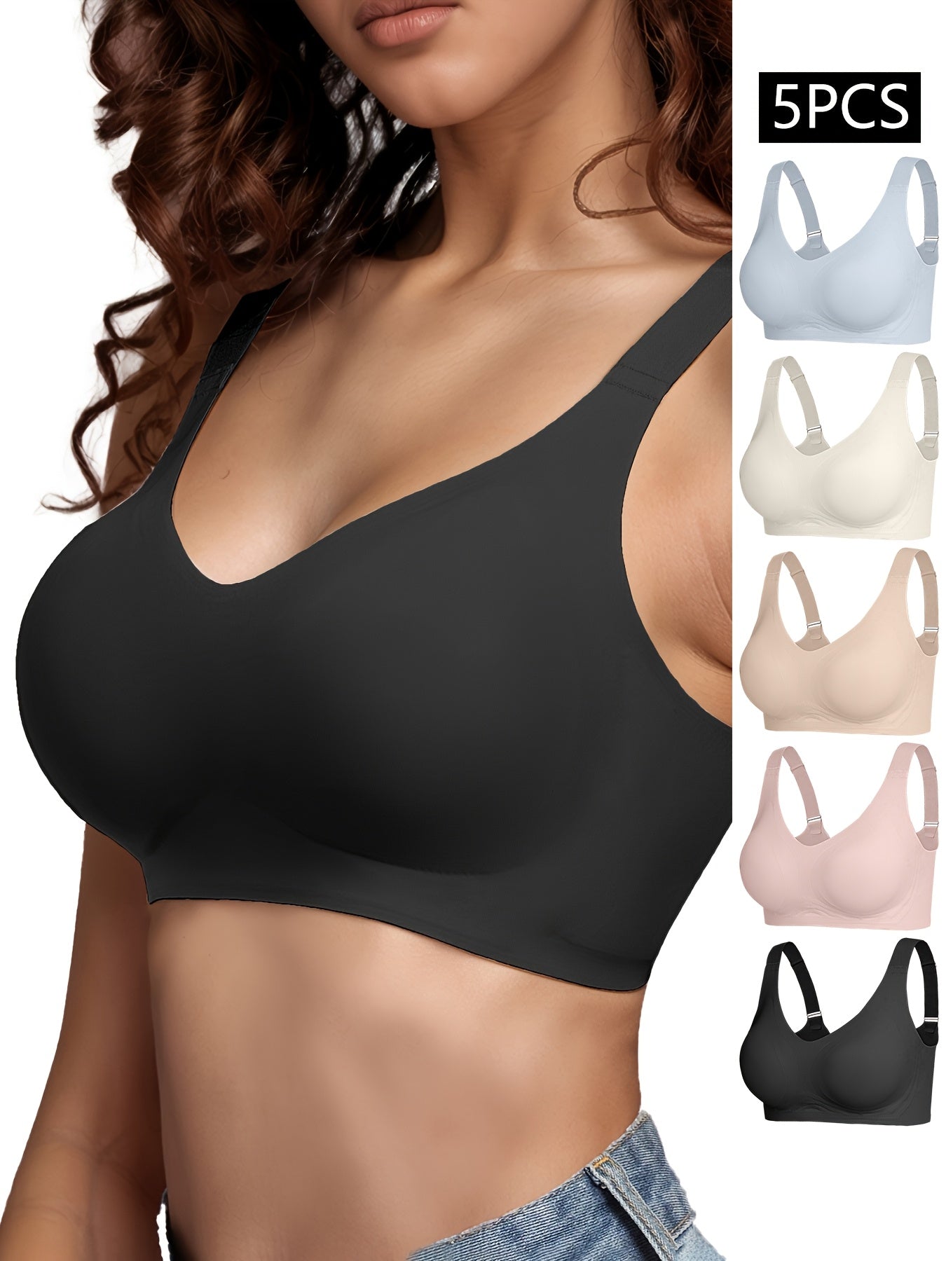 5pcs EssElegance Adjustable Back Hook Seamless Wire-Free High-Impact Sports Bras with Removable Pads, V-Neck Comfort Fit for Gym, Outdoor & Daily Wear (Black/White/Light Pink/Beige/Pink), Gym Wear, Adjustable Straps, Durable Construction, Supportive Bra,