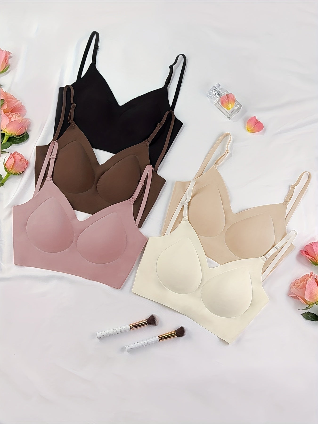 5pcs Women's Summer Seamless Open-Back T-Shirt Bras - Wire-Free, Removable Padding, Breathable Nylon/Spandex Blend - No Padding Design for Lightweight Comfort, 5 Colors (Black/Brown/Peach/Apricot/Champagne) - Gym & Casual Wear