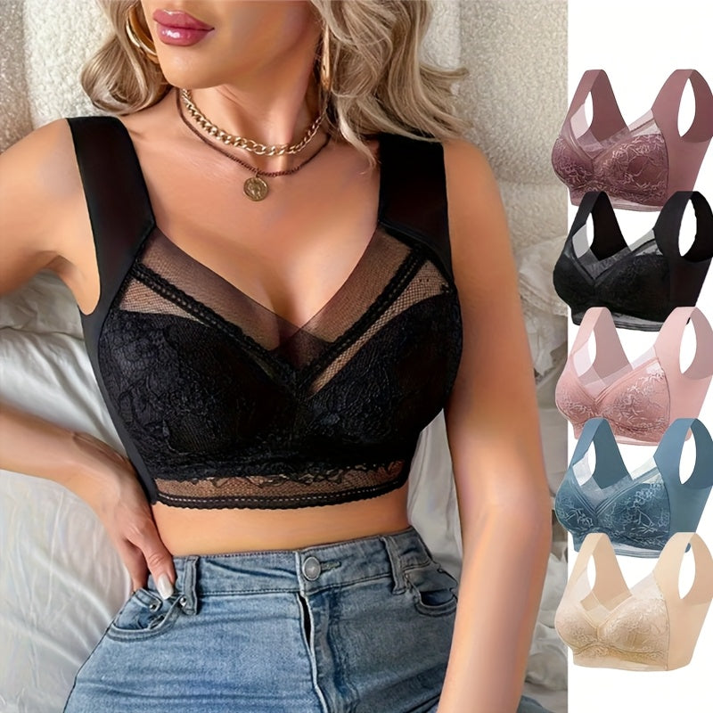 5pcs Women'S Seamless Sports Bras - Wireless, Lace-Trimmed, Breathable Nylon Blend, Non-Padded, Elegant Design for Active Lifestyle, Assorted Colors (Black, White, Blue, Beige, Brown)