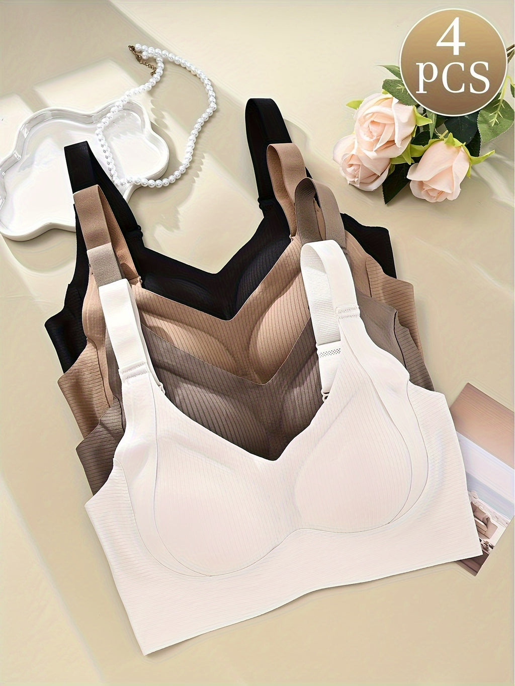 [Comfortable Bra] 4pcs Comfortable Seamless Women's Bra | Elegant Blend of Nylon and Spandex, Wide Shoulder Straps, Soft Support, No Underwire - Available in Beige, White, Black, Casual Bras