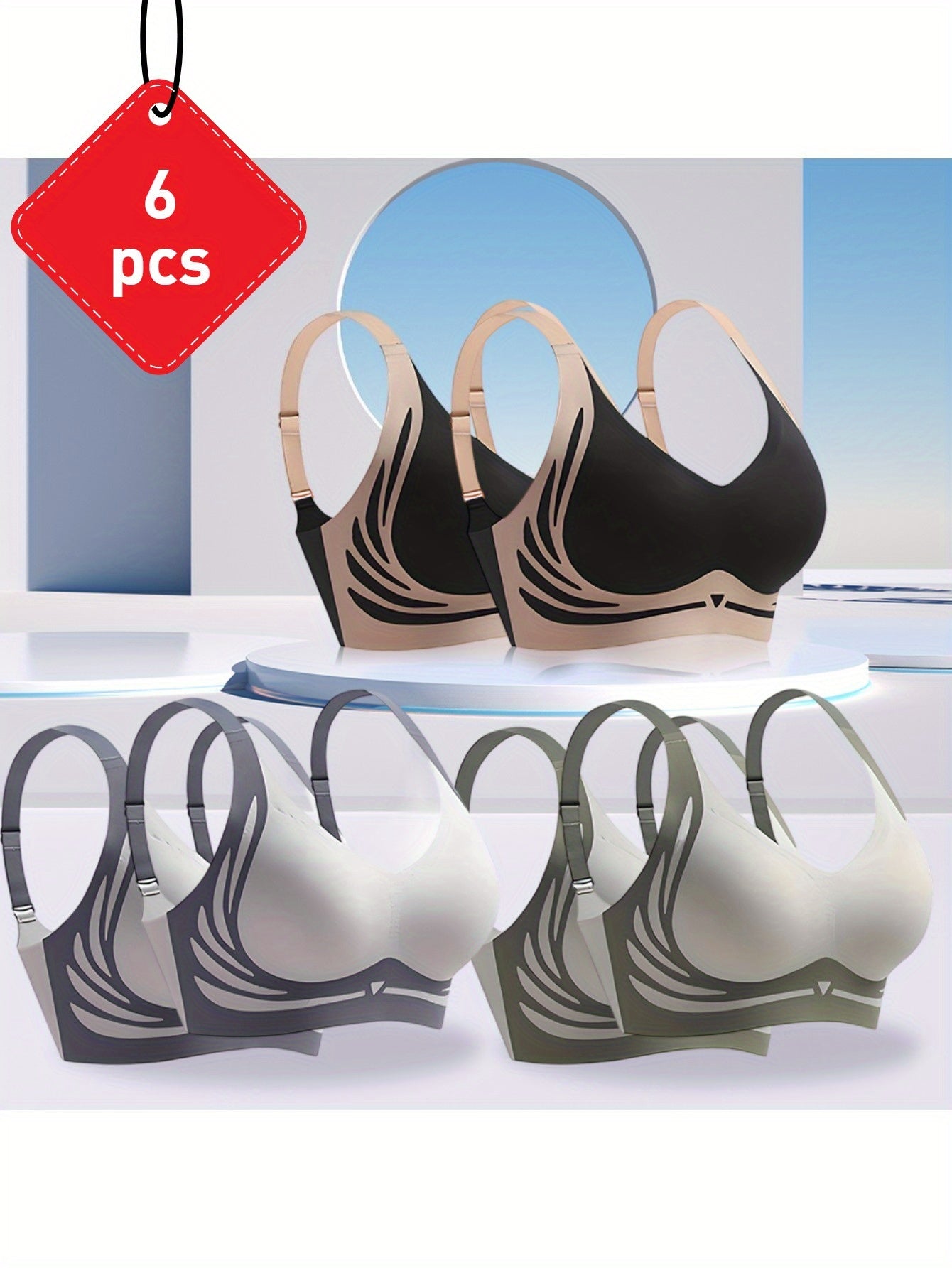 6pcs Seamless Push Up Bralettes for Women - Wire-Free Medium Support, Non-Slip Soft Fabric, Solid & Color Block Design, Comfortable Daily Wear for Casual Outfits