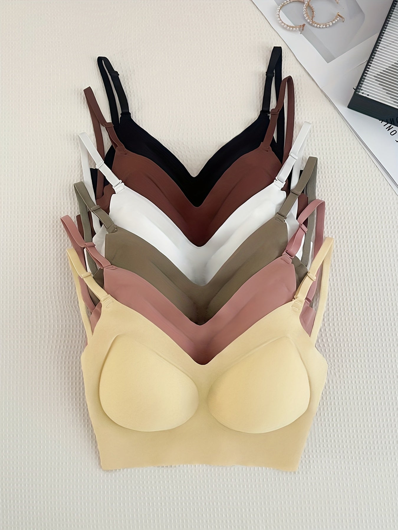 6pcs Women'S Seamless Wireless Bras - Comfortable, Thin Design, Full Coverage, Anti-Sagging & Lift, Nylon Fabric, Smooth Silhouette, High Support, Elegant Neckline Style