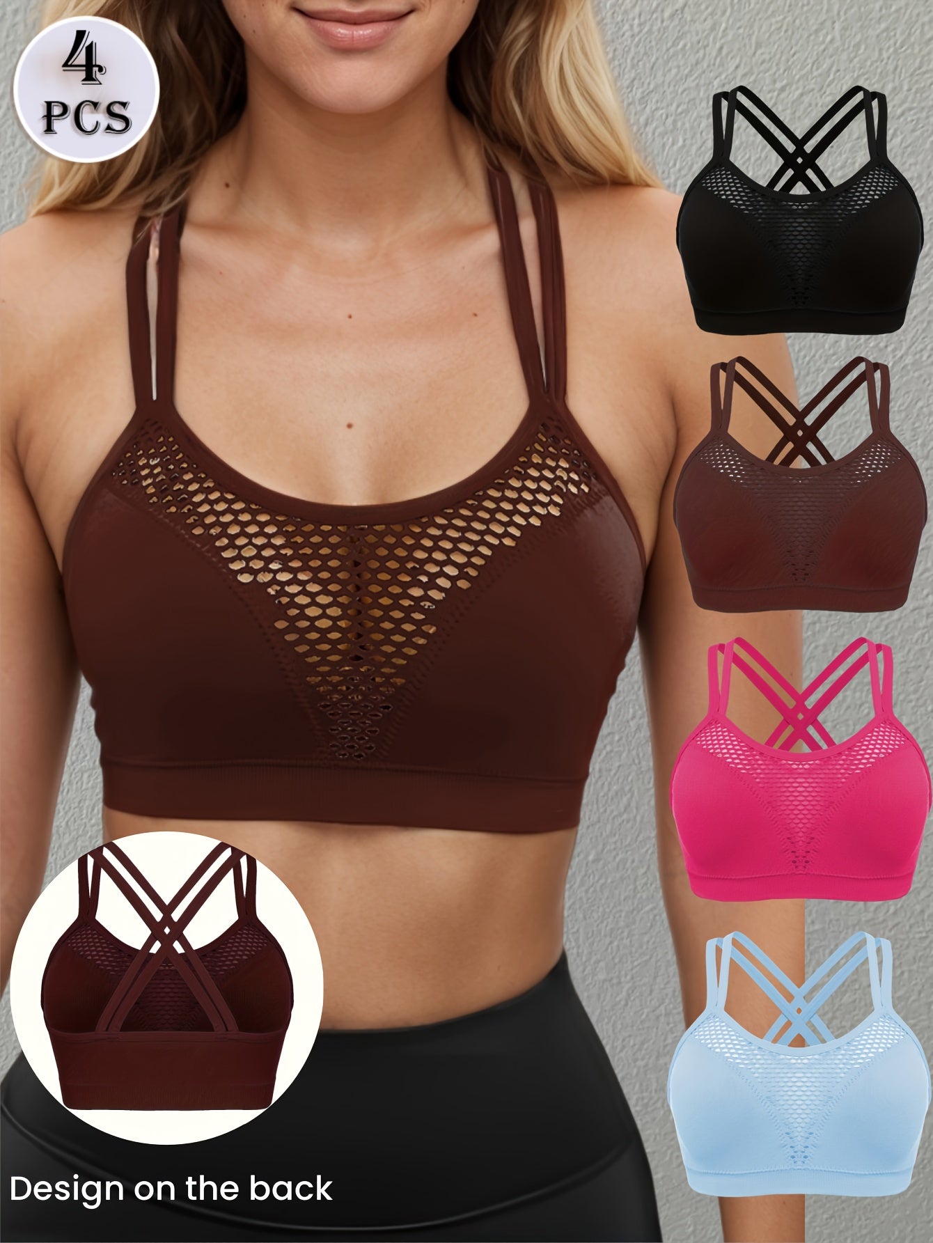 4pcs Women'S Seamless Sports Bras with Removable Pads - Breathable, Wire-Free Mesh Yoga & Running Tops, Solid Colors, ZIMI COLLECTION