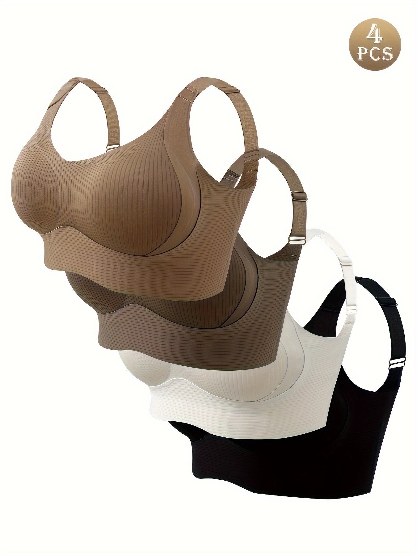 [Comfortable Bra] 4pcs Comfortable Seamless Women's Bra | Elegant Blend of Nylon and Spandex, Wide Shoulder Straps, Soft Support, No Underwire - Available in Beige, White, Black, Casual Bras