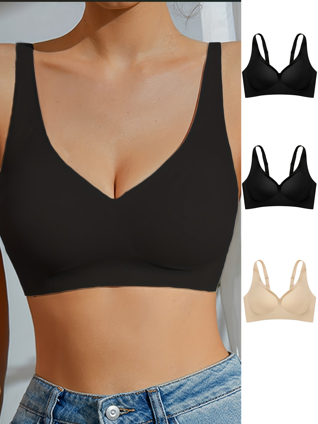 3pcs Seamless V-Neck Wireless Bras with Removable Pads - Ice Silky Cool & Breathable, Quick-Drying Support for Everyday Comfort, Beige/Nude, Black, Light Pink/Beige Blend, Versatile Undergarment | Detachable Padding Bra | Breathable Fabric