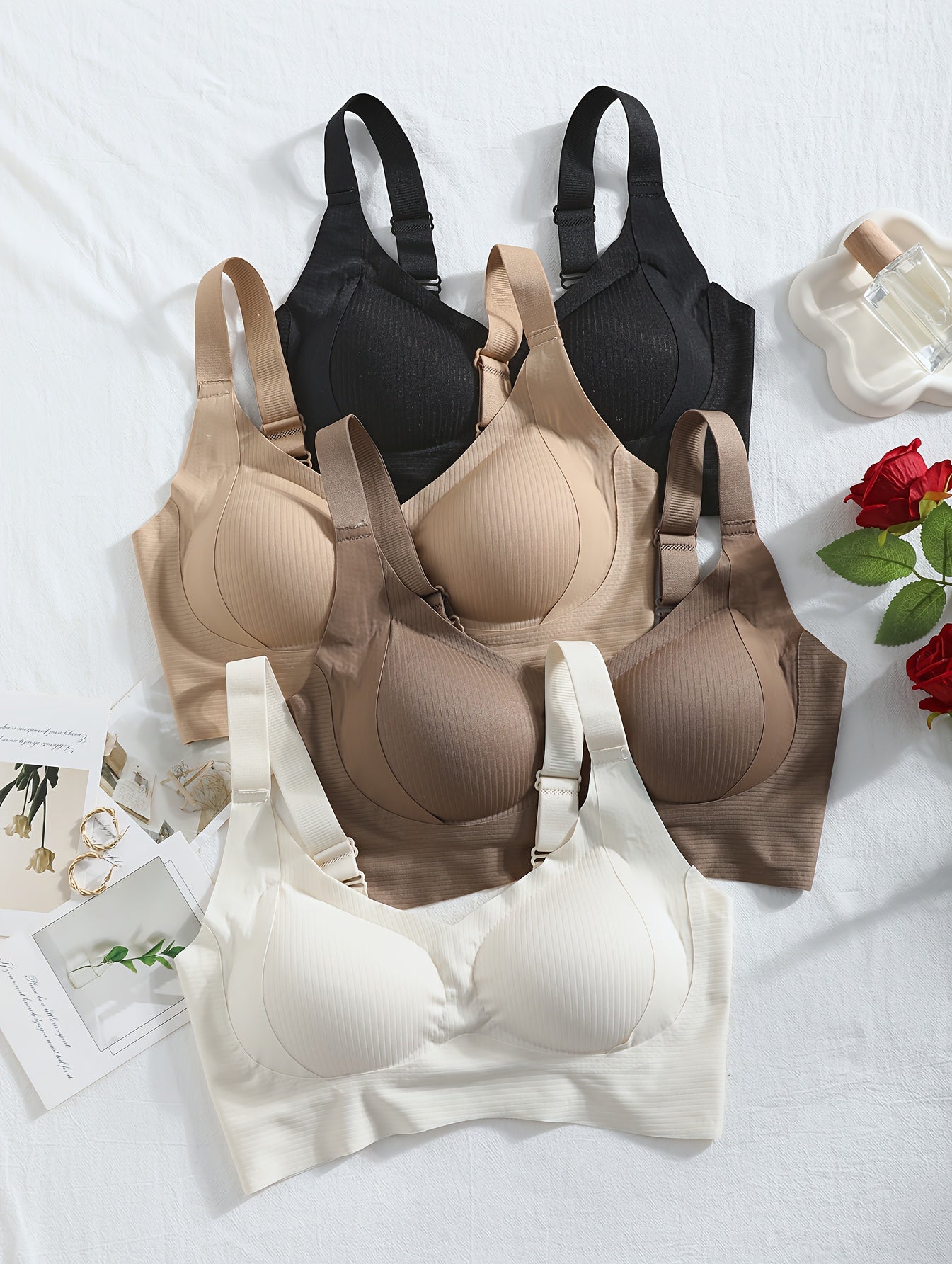 4pcs Women's Wire-Free Soft Bralettes - Medium Support Wide Strap Strapless Bras with Non-Removable Padding, Elegant Solid Colors (Black/Brown/White/Beige), Everyday Comfort & Light Beige-Friendly Fabric, Machine Washable - No Underwire for Sensitive