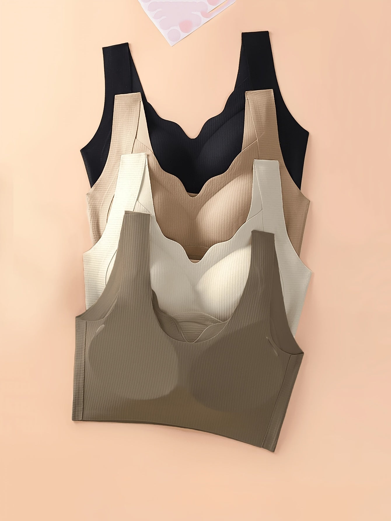 4pcs Women'S Solid Color Wireless No-Underwire Supportive V-Neck Breathable & Comfortable Bra
