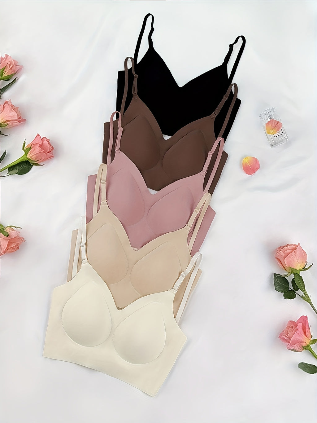 5pcs Women's Summer Seamless Open-Back T-Shirt Bras - Wire-Free, Removable Padding, Breathable Nylon/Spandex Blend - No Padding Design for Lightweight Comfort, 5 Colors (Black/Brown/Peach/Apricot/Champagne) - Gym & Casual Wear
