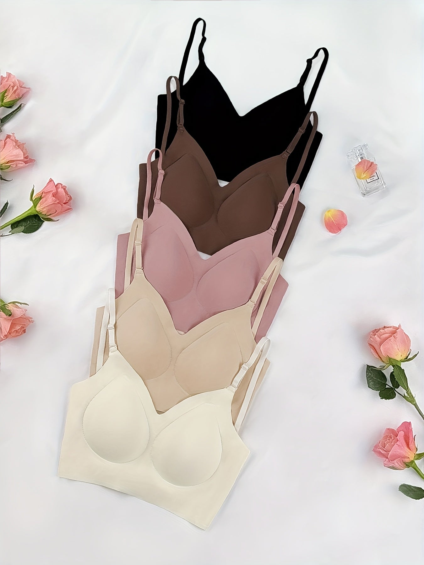 5pcs Women's Summer Seamless Open-Back T-Shirt Bras - Wire-Free, Removable Padding, Breathable Nylon/Spandex Blend - No Padding Design for Lightweight Comfort, 5 Colors (Black/Brown/Peach/Apricot/Champagne) - Gym & Casual Wear
