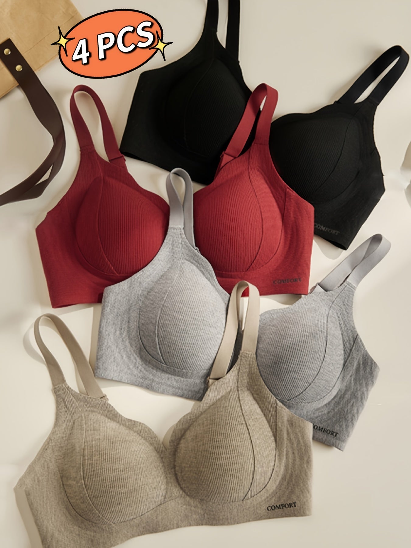 4-Pack Seamless Wirefree Bras - Everyday Push Up Lift, No-Sag Support, Light & Breezy for Summer, High Support, Non-Removable Pads, Solid Color, Casual Style, Everyday Comfort|Seamless Design|Wireless Support, Bra Straps for Women