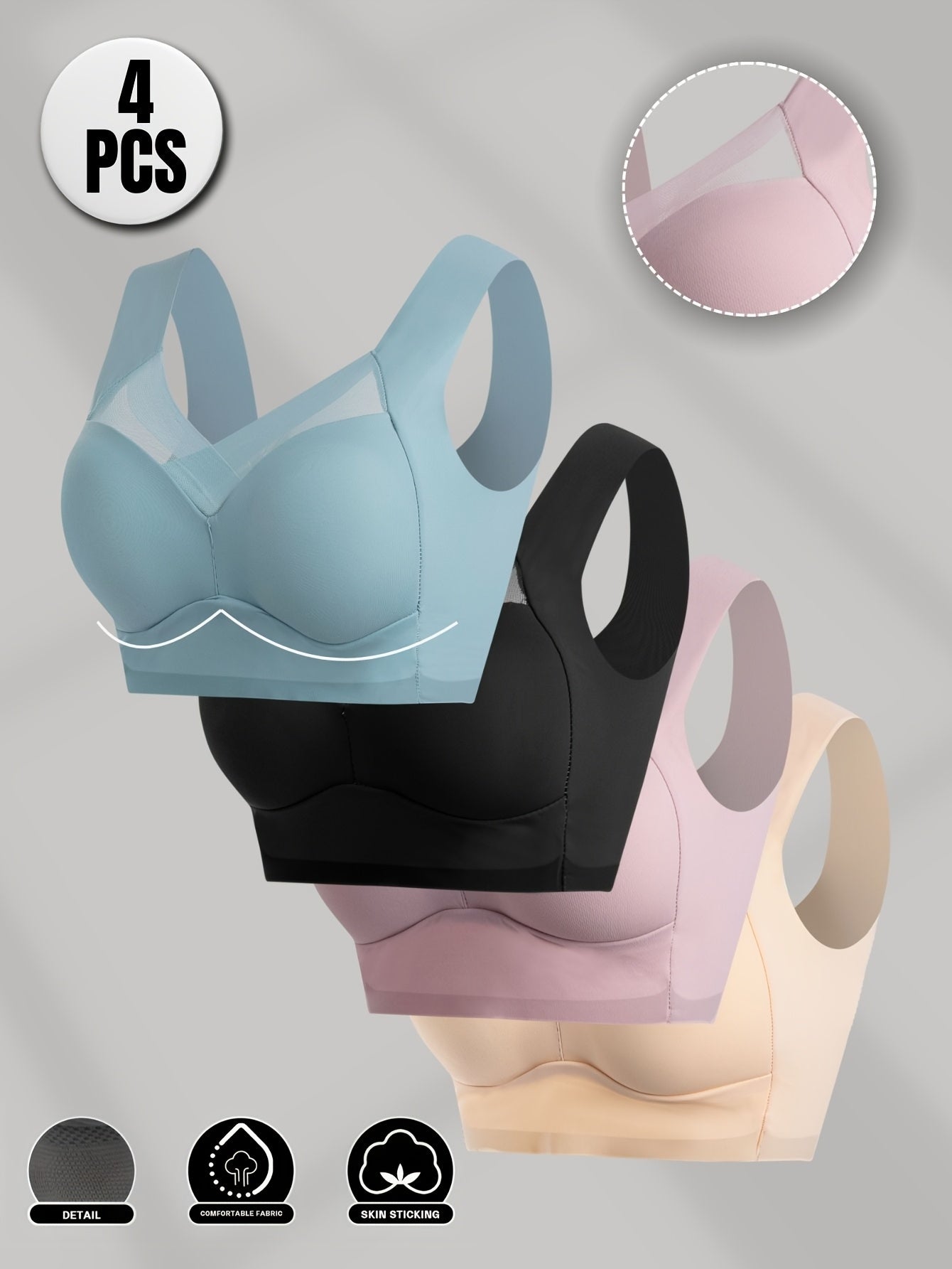 4pcs Seamless Wireless Bras for Women - Breathable Mesh, No Underwire, Full Coverage, Elegant Solid Colors (Black, Beige, Pink, Light Blue/Turquoise), Comfortable Everyday Wear | Simple Design Nylon-Elastic Fiber Blend