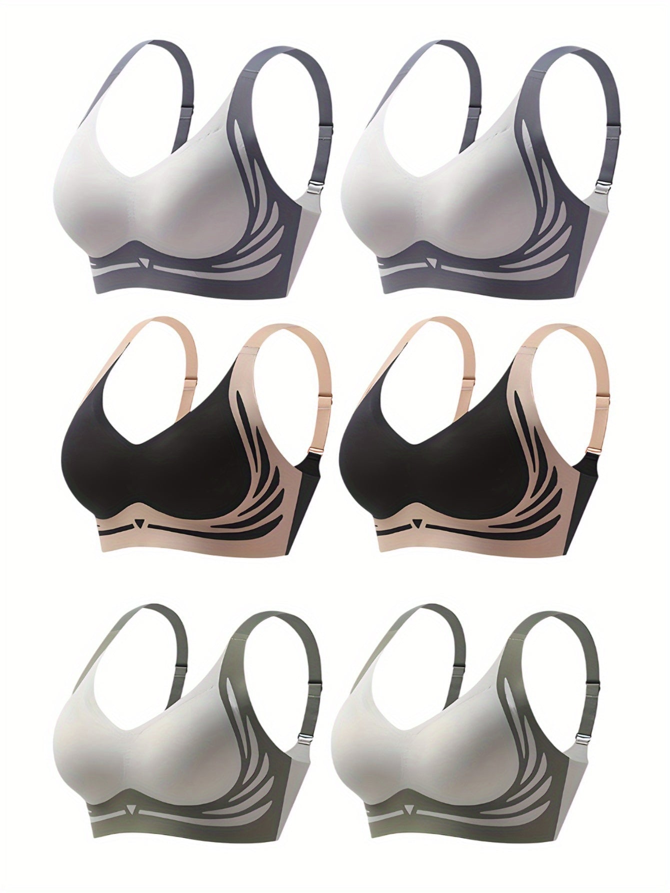 6pcs Seamless Push Up Bralettes for Women - Wire-Free Medium Support, Non-Slip Soft Fabric, Solid & Color Block Design, Comfortable Daily Wear for Casual Outfits