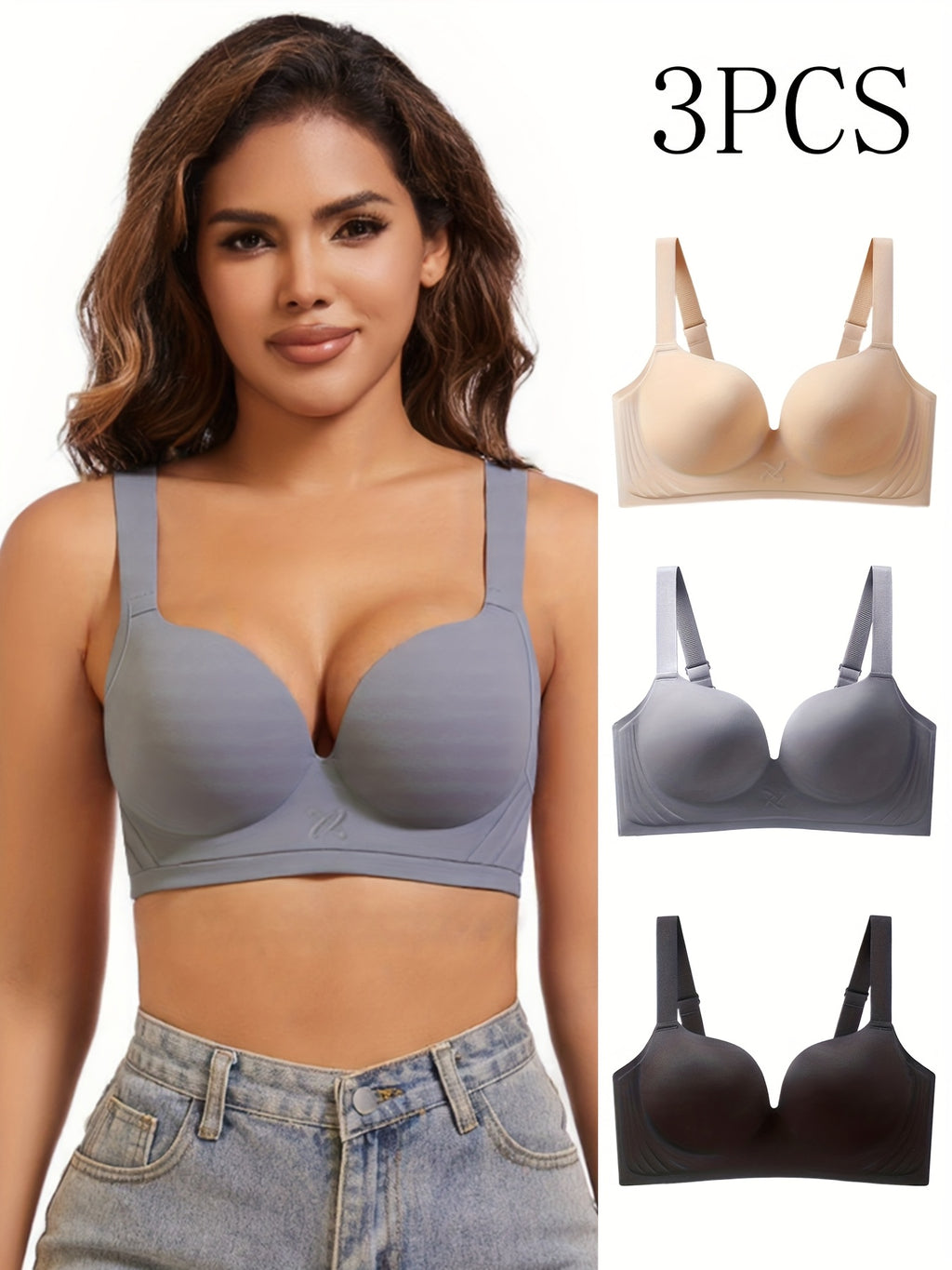 3pcs New Comfortable Seamless Underwear for Women, Thin Deep V, Posterior Contour, Anti-Sagging, No Underwire, Small Bust, Gathered