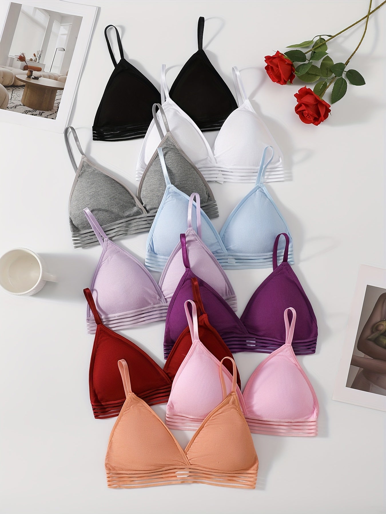 [Wireless Bra Set] 9pcs Wireless Bra Set - Seamless, Breathable & Sweat-Absorbent One-Piece Underwear for Sleep & Sports, Lightweight Non-Constricting Design, All-Season Wear in 9 Colors: Black/Grey/White/Blue/Pink/Orange/Lavender/Dark Purple