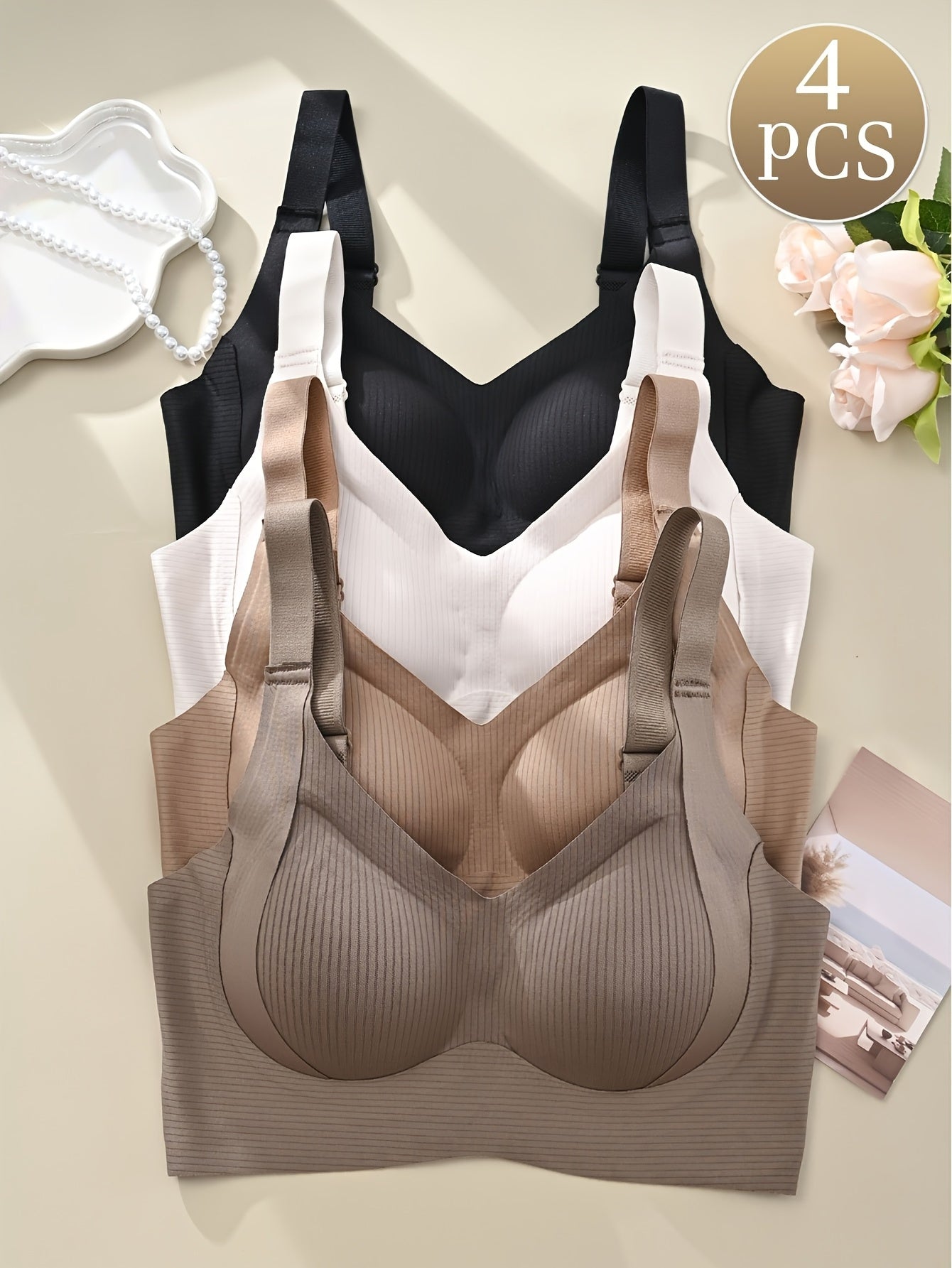 [Comfortable Bra] 4pcs Comfortable Seamless Women's Bra | Elegant Blend of Nylon and Spandex, Wide Shoulder Straps, Soft Support, No Underwire - Available in Beige, White, Black, Casual Bras